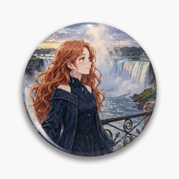 Item preview, Canada Niagara Falls with a Graceful Redhead Traveler in an Elegant Midnight Blue Dress, Misty Waterfalls and Dramatic Natural Landscape designed and sold by DibujandoPorfa.