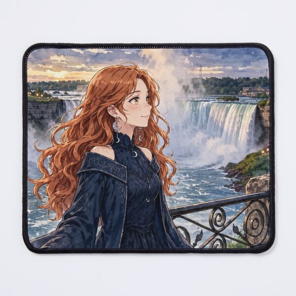 Item preview, Canada Niagara Falls with a Graceful Redhead Traveler in an Elegant Midnight Blue Dress, Misty Waterfalls and Dramatic Natural Landscape designed and sold by DibujandoPorfa.
