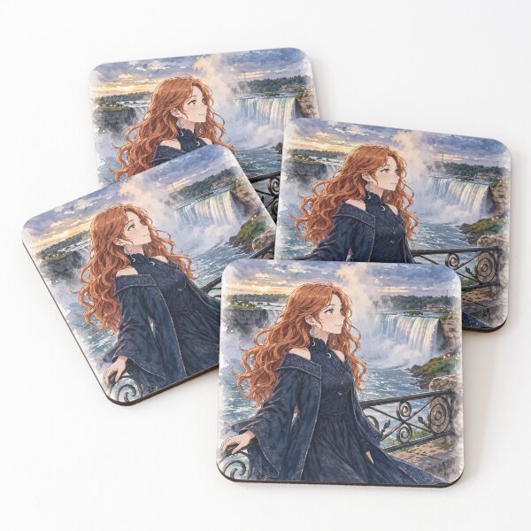 Item preview, Canada Niagara Falls with a Graceful Redhead Traveler in an Elegant Midnight Blue Dress, Misty Waterfalls and Dramatic Natural Landscape designed and sold by DibujandoPorfa.