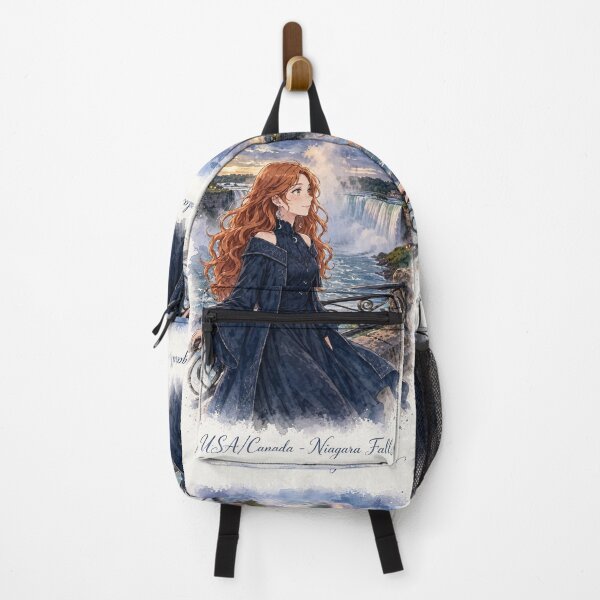 Item preview, Canada Niagara Falls with a Graceful Redhead Traveler in an Elegant Midnight Blue Dress, Misty Waterfalls and Dramatic Natural Landscape designed and sold by DibujandoPorfa.