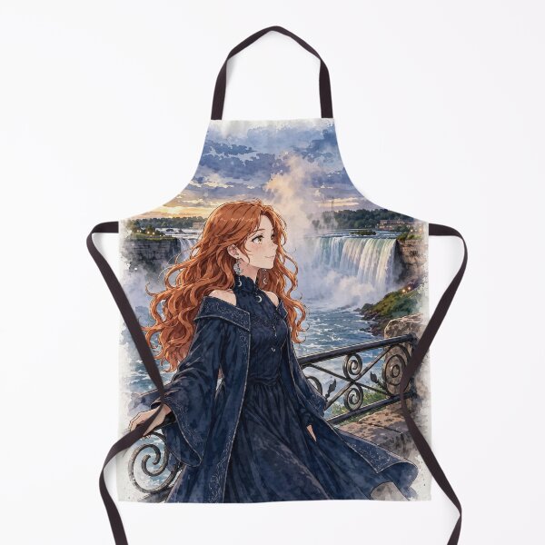 Item preview, Canada Niagara Falls with a Graceful Redhead Traveler in an Elegant Midnight Blue Dress, Misty Waterfalls and Dramatic Natural Landscape designed and sold by DibujandoPorfa.