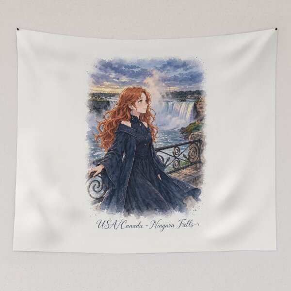 Item preview, Canada Niagara Falls with a Graceful Redhead Traveler in an Elegant Midnight Blue Dress, Misty Waterfalls and Dramatic Natural Landscape designed and sold by DibujandoPorfa.