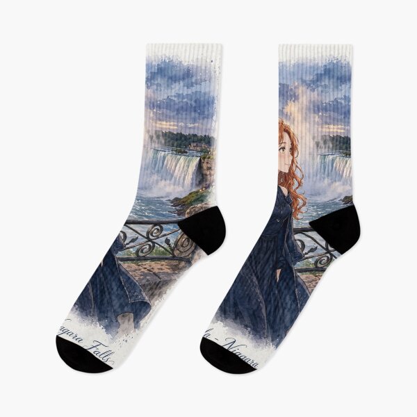 Item preview, Canada Niagara Falls with a Graceful Redhead Traveler in an Elegant Midnight Blue Dress, Misty Waterfalls and Dramatic Natural Landscape designed and sold by DibujandoPorfa.
