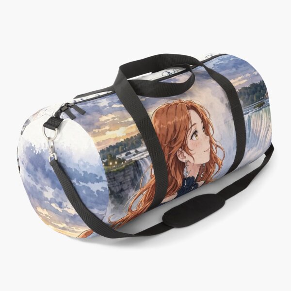 Item preview, Canada Niagara Falls with a Graceful Redhead Traveler in an Elegant Midnight Blue Dress, Misty Waterfalls and Dramatic Natural Landscape designed and sold by DibujandoPorfa.