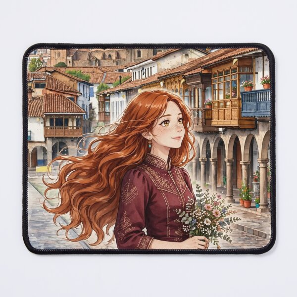 Item preview, Peru Cusco Historic City with a Beautiful Redhead Traveler in an Elegant Burgundy Dress, Andean Mountains and Charming Colonial Streets designed and sold by DibujandoPorfa.