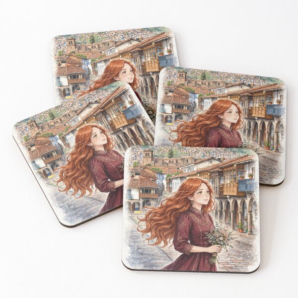 Item preview, Peru Cusco Historic City with a Beautiful Redhead Traveler in an Elegant Burgundy Dress, Andean Mountains and Charming Colonial Streets designed and sold by DibujandoPorfa.