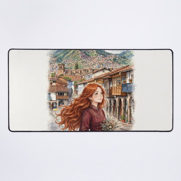 Item preview, Peru Cusco Historic City with a Beautiful Redhead Traveler in an Elegant Burgundy Dress, Andean Mountains and Charming Colonial Streets designed and sold by DibujandoPorfa.