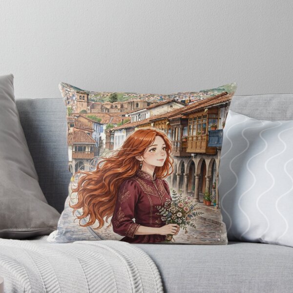 Item preview, Peru Cusco Historic City with a Beautiful Redhead Traveler in an Elegant Burgundy Dress, Andean Mountains and Charming Colonial Streets designed and sold by DibujandoPorfa.