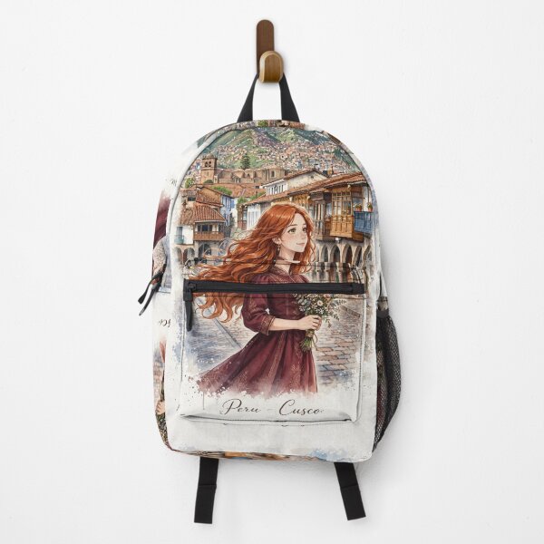 Item preview, Peru Cusco Historic City with a Beautiful Redhead Traveler in an Elegant Burgundy Dress, Andean Mountains and Charming Colonial Streets designed and sold by DibujandoPorfa.