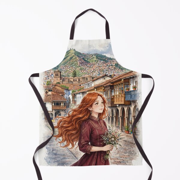 Item preview, Peru Cusco Historic City with a Beautiful Redhead Traveler in an Elegant Burgundy Dress, Andean Mountains and Charming Colonial Streets designed and sold by DibujandoPorfa.