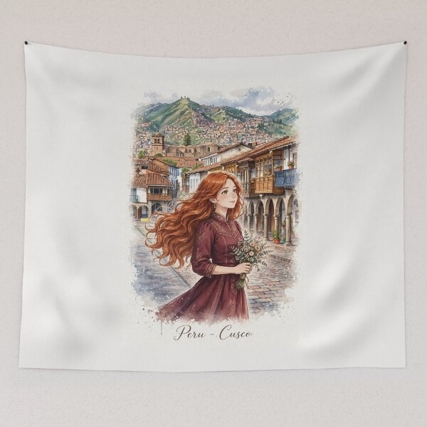 Item preview, Peru Cusco Historic City with a Beautiful Redhead Traveler in an Elegant Burgundy Dress, Andean Mountains and Charming Colonial Streets designed and sold by DibujandoPorfa.