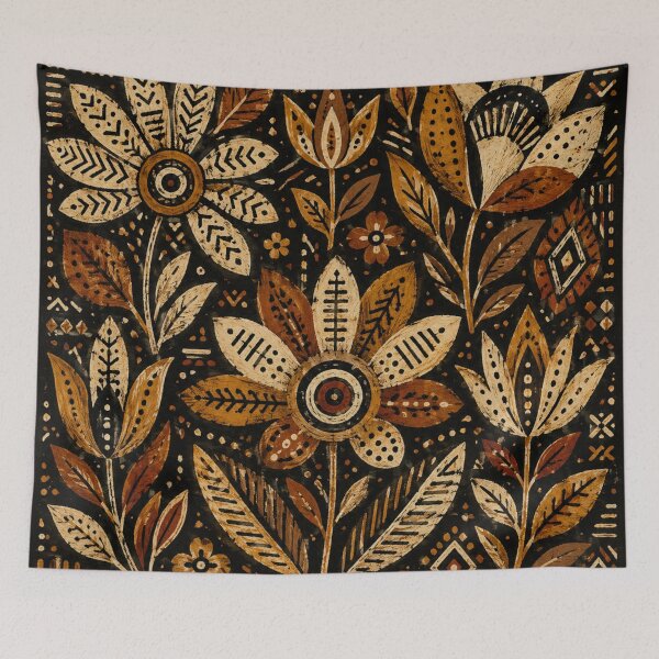 Item preview, Bogolan Dark Folk Flowers – Mali Night Botanical Pattern designed and sold by MarekoraStudio.