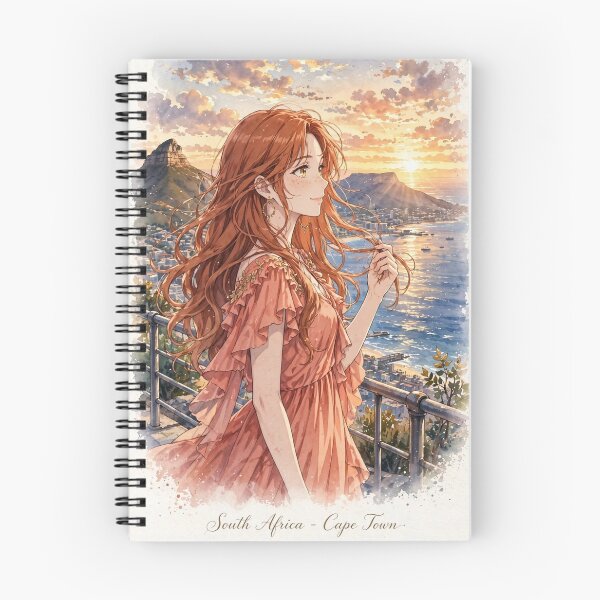 Item preview, South Africa Cape Town with a Radiant Redhead Traveler in a Flowing Coral Dress, Table Mountain, Ocean View and Golden Sunset Landscape designed and sold by DibujandoPorfa.
