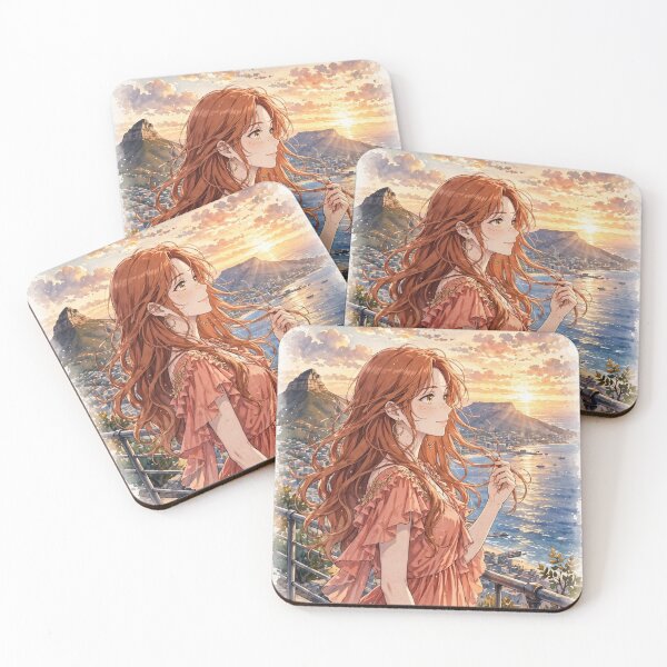 Item preview, South Africa Cape Town with a Radiant Redhead Traveler in a Flowing Coral Dress, Table Mountain, Ocean View and Golden Sunset Landscape designed and sold by DibujandoPorfa.