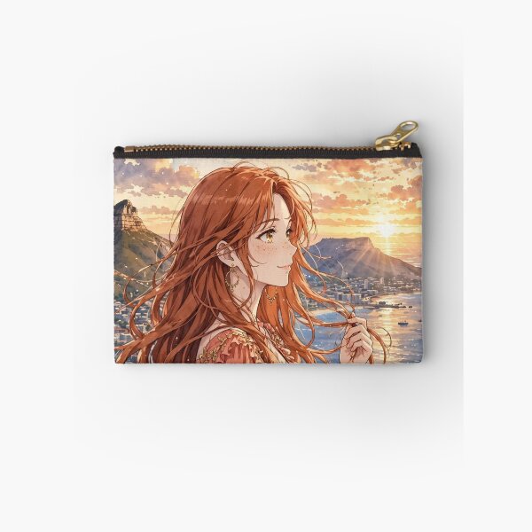 Item preview, South Africa Cape Town with a Radiant Redhead Traveler in a Flowing Coral Dress, Table Mountain, Ocean View and Golden Sunset Landscape designed and sold by DibujandoPorfa.