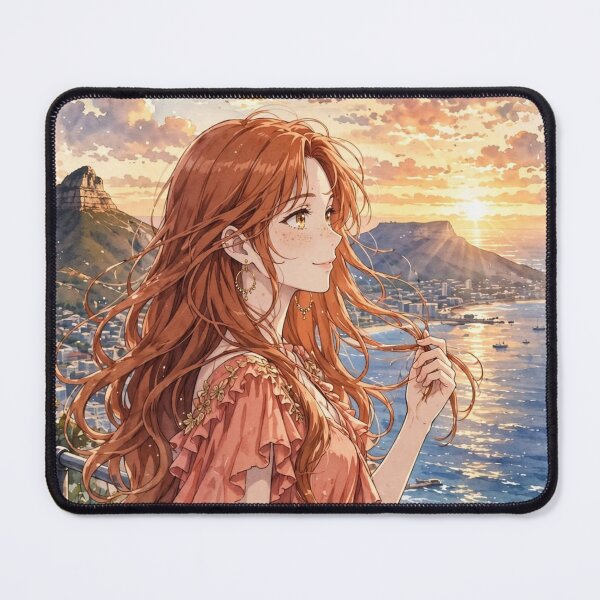 Item preview, South Africa Cape Town with a Radiant Redhead Traveler in a Flowing Coral Dress, Table Mountain, Ocean View and Golden Sunset Landscape designed and sold by DibujandoPorfa.