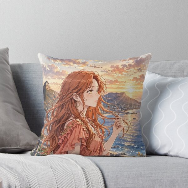 Item preview, South Africa Cape Town with a Radiant Redhead Traveler in a Flowing Coral Dress, Table Mountain, Ocean View and Golden Sunset Landscape designed and sold by DibujandoPorfa.