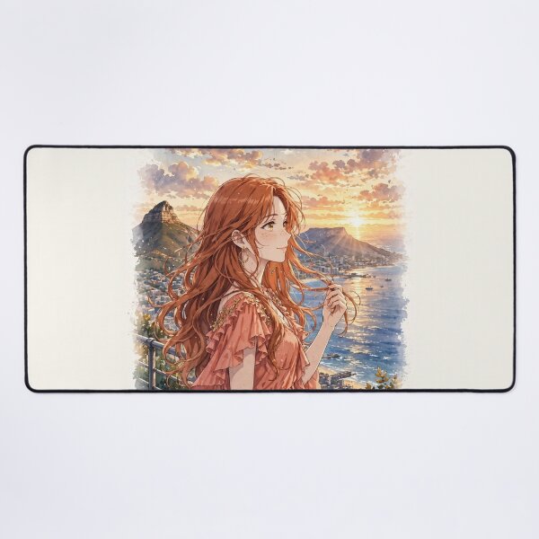 Item preview, South Africa Cape Town with a Radiant Redhead Traveler in a Flowing Coral Dress, Table Mountain, Ocean View and Golden Sunset Landscape designed and sold by DibujandoPorfa.