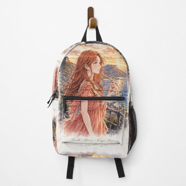 Item preview, South Africa Cape Town with a Radiant Redhead Traveler in a Flowing Coral Dress, Table Mountain, Ocean View and Golden Sunset Landscape designed and sold by DibujandoPorfa.