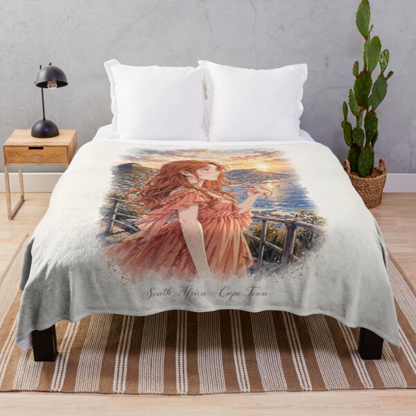 Item preview, South Africa Cape Town with a Radiant Redhead Traveler in a Flowing Coral Dress, Table Mountain, Ocean View and Golden Sunset Landscape designed and sold by DibujandoPorfa.