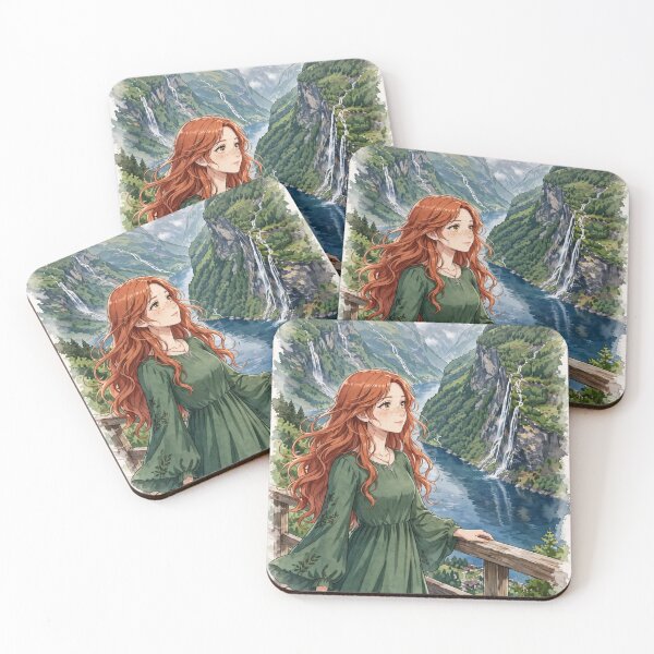 Item preview, Norway Geirangerfjord with an Elegant Redhead Traveler in a Flowing Forest Green Dress, Majestic Fjords and Dramatic Nordic Mountain Landscape designed and sold by DibujandoPorfa.