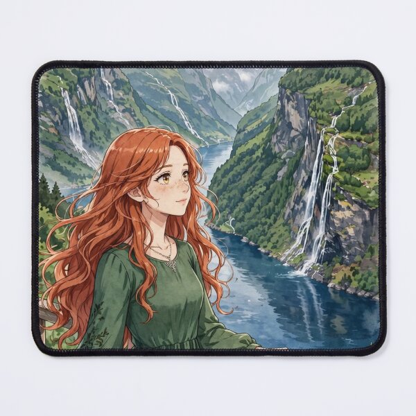 Item preview, Norway Geirangerfjord with an Elegant Redhead Traveler in a Flowing Forest Green Dress, Majestic Fjords and Dramatic Nordic Mountain Landscape designed and sold by DibujandoPorfa.
