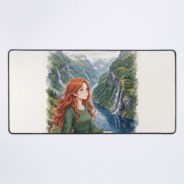 Item preview, Norway Geirangerfjord with an Elegant Redhead Traveler in a Flowing Forest Green Dress, Majestic Fjords and Dramatic Nordic Mountain Landscape designed and sold by DibujandoPorfa.