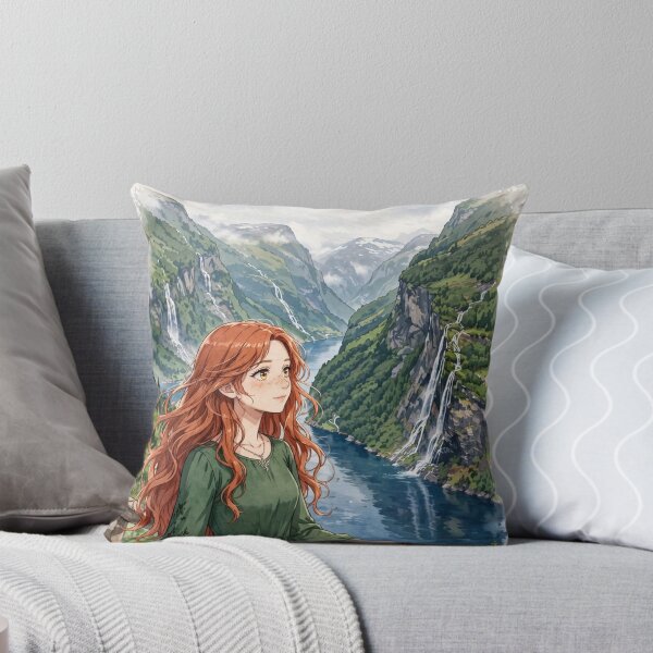 Item preview, Norway Geirangerfjord with an Elegant Redhead Traveler in a Flowing Forest Green Dress, Majestic Fjords and Dramatic Nordic Mountain Landscape designed and sold by DibujandoPorfa.