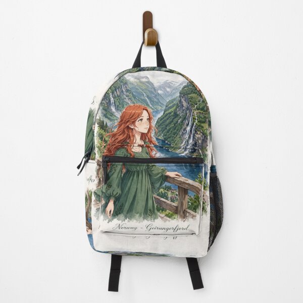 Item preview, Norway Geirangerfjord with an Elegant Redhead Traveler in a Flowing Forest Green Dress, Majestic Fjords and Dramatic Nordic Mountain Landscape designed and sold by DibujandoPorfa.