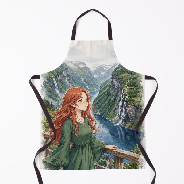 Item preview, Norway Geirangerfjord with an Elegant Redhead Traveler in a Flowing Forest Green Dress, Majestic Fjords and Dramatic Nordic Mountain Landscape designed and sold by DibujandoPorfa.