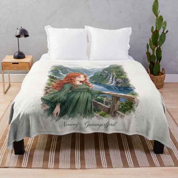 Item preview, Norway Geirangerfjord with an Elegant Redhead Traveler in a Flowing Forest Green Dress, Majestic Fjords and Dramatic Nordic Mountain Landscape designed and sold by DibujandoPorfa.