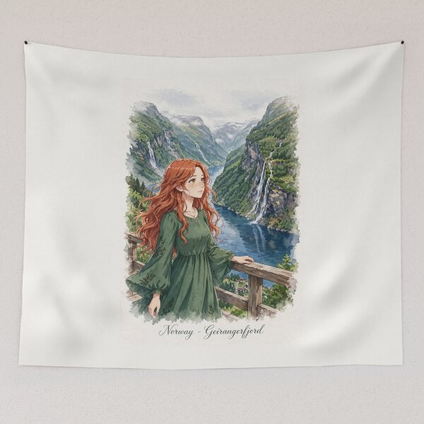 Item preview, Norway Geirangerfjord with an Elegant Redhead Traveler in a Flowing Forest Green Dress, Majestic Fjords and Dramatic Nordic Mountain Landscape designed and sold by DibujandoPorfa.
