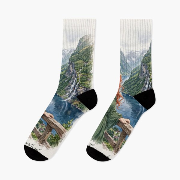 Item preview, Norway Geirangerfjord with an Elegant Redhead Traveler in a Flowing Forest Green Dress, Majestic Fjords and Dramatic Nordic Mountain Landscape designed and sold by DibujandoPorfa.