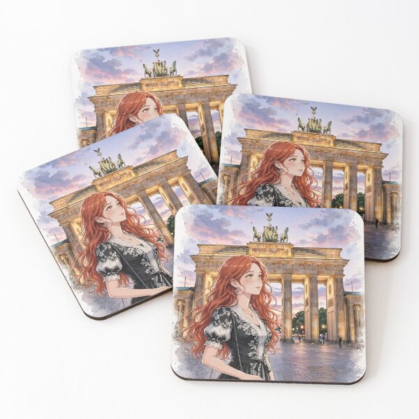 Item preview, Germany Berlin Brandenburg Gate with a Stylish Redhead Traveler in Elegant Black and White Fashion, Historic Architecture and Evening Cityscape designed and sold by DibujandoPorfa.