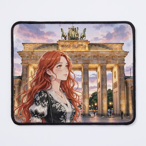 Item preview, Germany Berlin Brandenburg Gate with a Stylish Redhead Traveler in Elegant Black and White Fashion, Historic Architecture and Evening Cityscape designed and sold by DibujandoPorfa.
