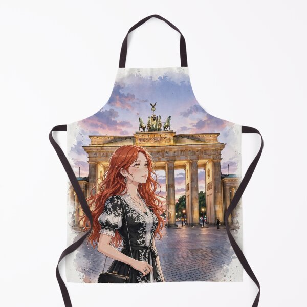 Item preview, Germany Berlin Brandenburg Gate with a Stylish Redhead Traveler in Elegant Black and White Fashion, Historic Architecture and Evening Cityscape designed and sold by DibujandoPorfa.