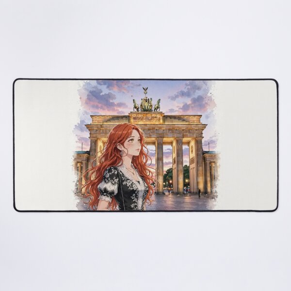 Item preview, Germany Berlin Brandenburg Gate with a Stylish Redhead Traveler in Elegant Black and White Fashion, Historic Architecture and Evening Cityscape designed and sold by DibujandoPorfa.