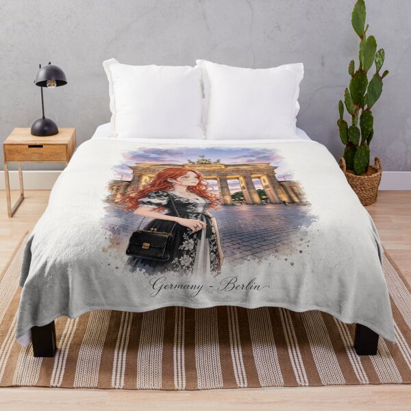 Item preview, Germany Berlin Brandenburg Gate with a Stylish Redhead Traveler in Elegant Black and White Fashion, Historic Architecture and Evening Cityscape designed and sold by DibujandoPorfa.