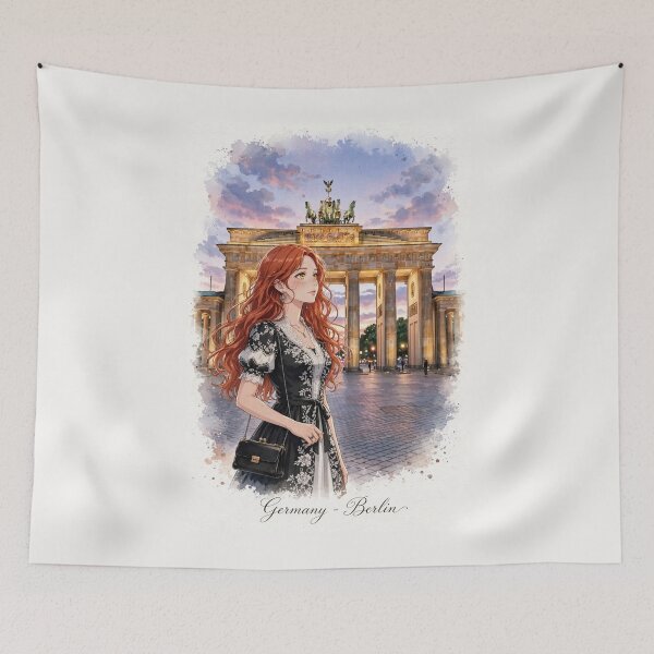 Item preview, Germany Berlin Brandenburg Gate with a Stylish Redhead Traveler in Elegant Black and White Fashion, Historic Architecture and Evening Cityscape designed and sold by DibujandoPorfa.