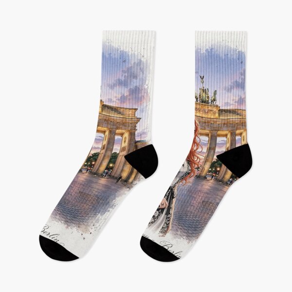 Item preview, Germany Berlin Brandenburg Gate with a Stylish Redhead Traveler in Elegant Black and White Fashion, Historic Architecture and Evening Cityscape designed and sold by DibujandoPorfa.