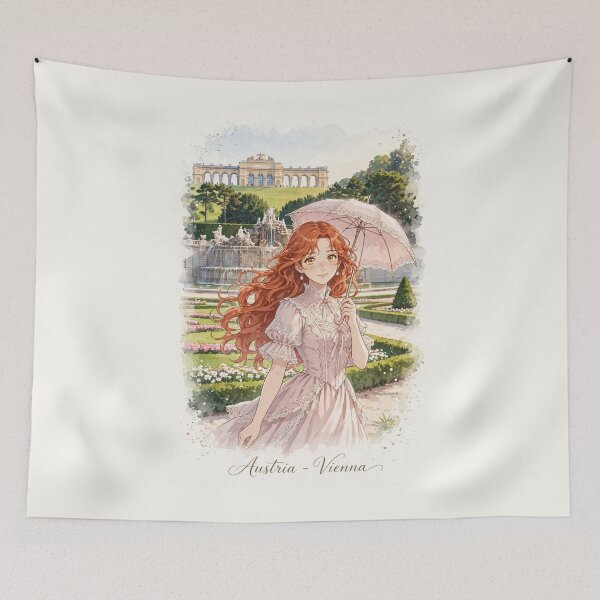 Item preview, Austria Vienna Schonbrunn Palace with a Sweet Redhead Traveler in a Romantic Pink Victorian Dress, Elegant Gardens and Royal European Landscape designed and sold by DibujandoPorfa.
