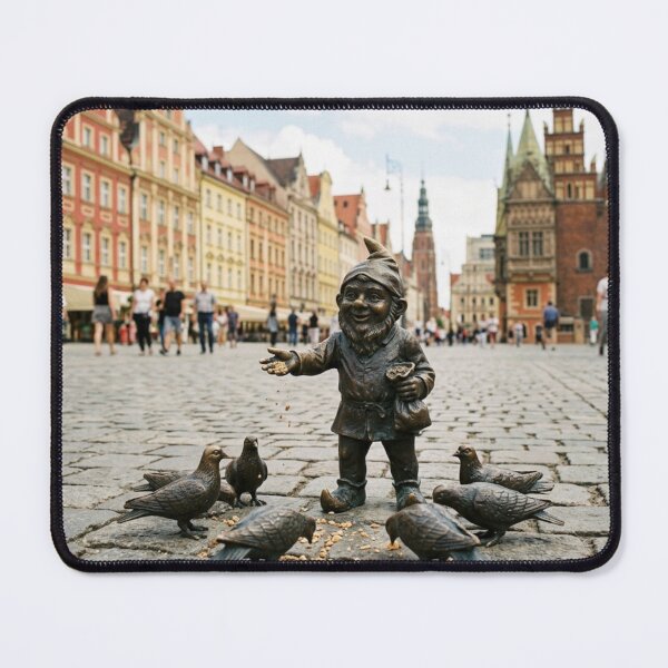 Item preview, Gnome Feeding Pigeons Art Print – Market Square Gift, Poland Travel Decor designed and sold by Purrfecta.