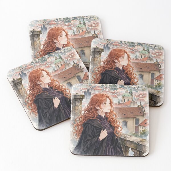 Item preview, Czech Republic Prague Castle with a Mysterious Redhead Traveler in Elegant Dark Purple Fashion, Historic Rooftops and Misty European Landscape designed and sold by DibujandoPorfa.