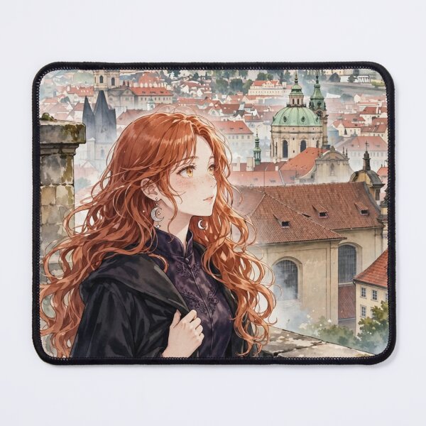 Item preview, Czech Republic Prague Castle with a Mysterious Redhead Traveler in Elegant Dark Purple Fashion, Historic Rooftops and Misty European Landscape designed and sold by DibujandoPorfa.