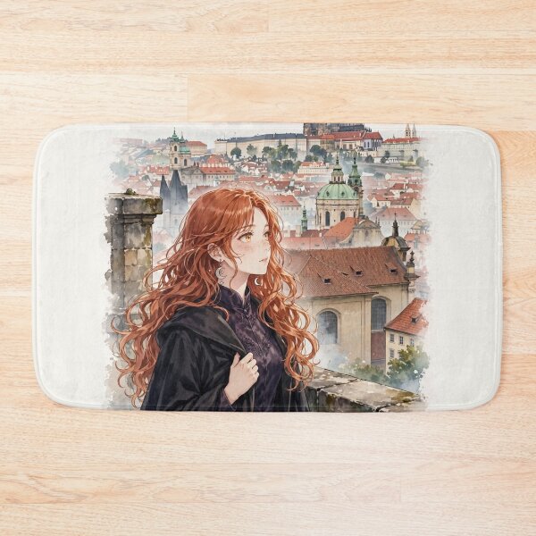Item preview, Czech Republic Prague Castle with a Mysterious Redhead Traveler in Elegant Dark Purple Fashion, Historic Rooftops and Misty European Landscape designed and sold by DibujandoPorfa.
