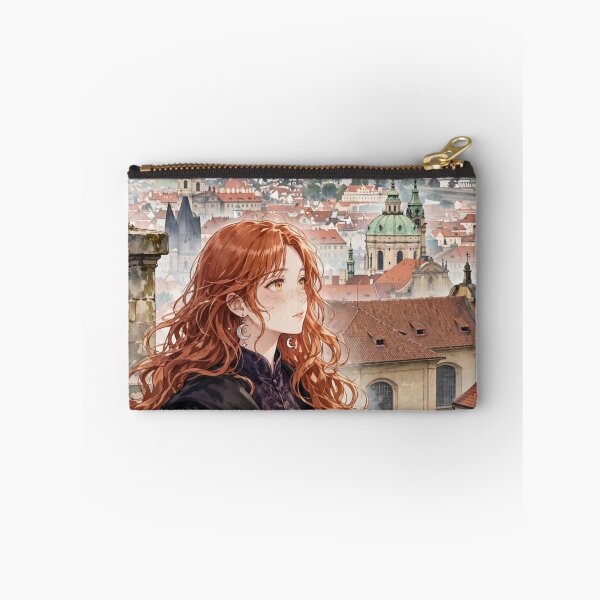 Item preview, Czech Republic Prague Castle with a Mysterious Redhead Traveler in Elegant Dark Purple Fashion, Historic Rooftops and Misty European Landscape designed and sold by DibujandoPorfa.