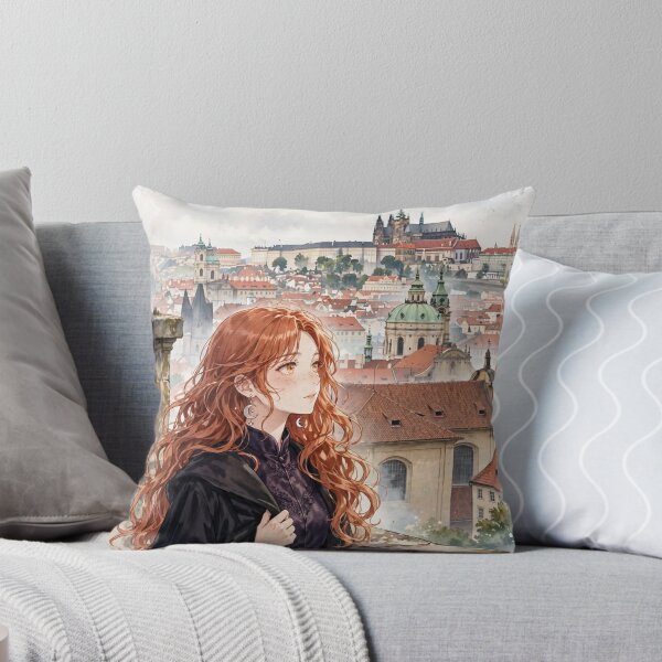 Item preview, Czech Republic Prague Castle with a Mysterious Redhead Traveler in Elegant Dark Purple Fashion, Historic Rooftops and Misty European Landscape designed and sold by DibujandoPorfa.
