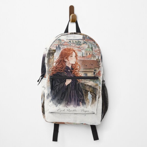 Item preview, Czech Republic Prague Castle with a Mysterious Redhead Traveler in Elegant Dark Purple Fashion, Historic Rooftops and Misty European Landscape designed and sold by DibujandoPorfa.