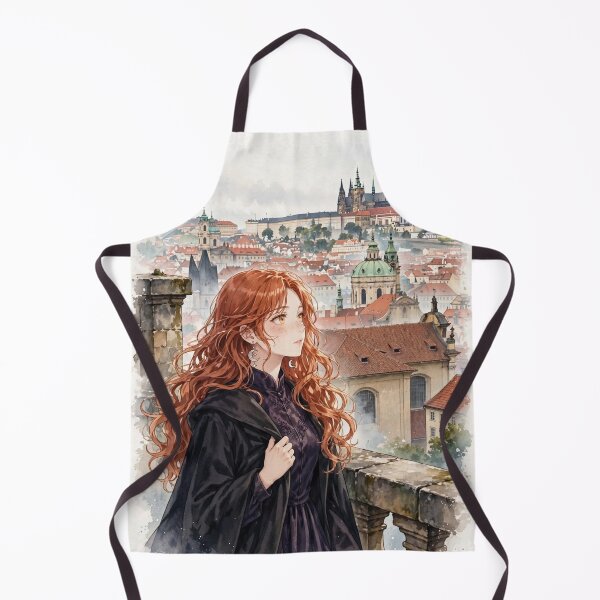 Item preview, Czech Republic Prague Castle with a Mysterious Redhead Traveler in Elegant Dark Purple Fashion, Historic Rooftops and Misty European Landscape designed and sold by DibujandoPorfa.