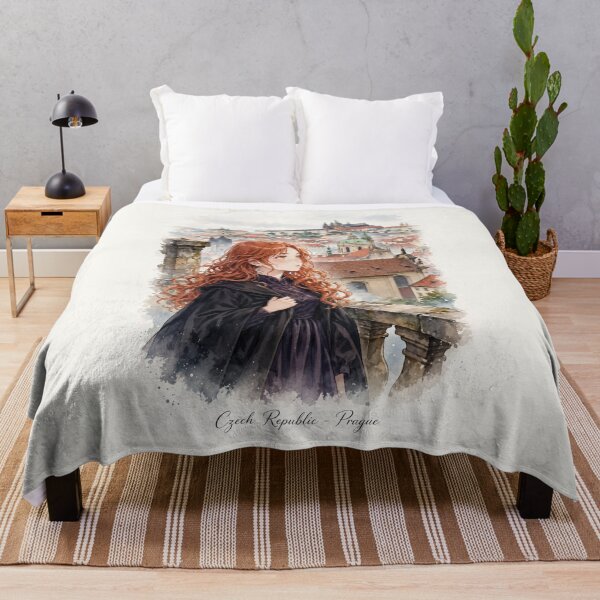 Item preview, Czech Republic Prague Castle with a Mysterious Redhead Traveler in Elegant Dark Purple Fashion, Historic Rooftops and Misty European Landscape designed and sold by DibujandoPorfa.